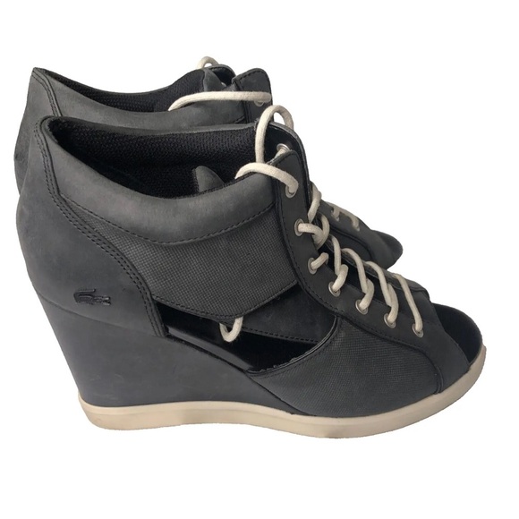 LACOSTE Wedge Bernelle Peep2 Leather / Textile Size 8 Lace up Shoes Gray - Picture 1 of 16